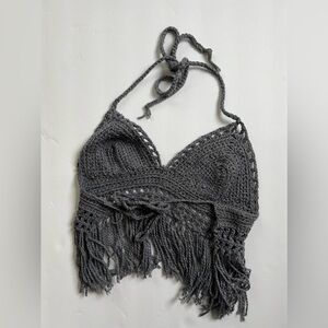Grey Gray Knit Fringe Bra Top Y2K Tie Back Boho Bohemian Festival Coachella